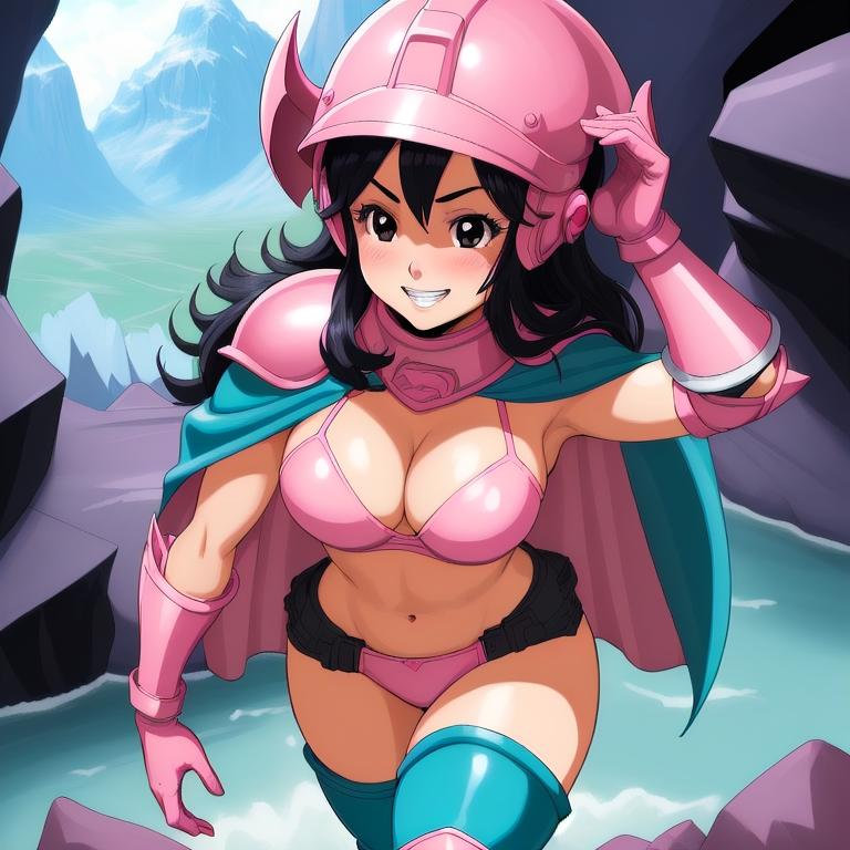 high quality, masterpiece, 1girl, Chi-Chi, close up, arms up, pink helmet, black hair, black eyes, blush, white teeth, bikini armor, aqua cape, pink boots, pink gloves, cleavage. cave, rock, mountain. blue collar. AI prompt