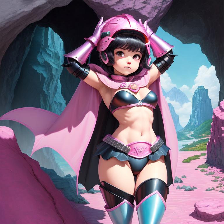 highquality, masterpiece, 1girl, Chi-Chi, close up, :), arms up, pink helmet, black hair, 80s black eyes, blush, bikini armor, aqua cape, pink gloves, pink boots, cave, rock, mountain. blue collar. Best free online image generators.