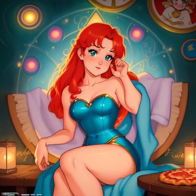 retro videogames, robert jordan pepperoni pizza, josephine wall winner, hidari, roll20 illumination, radiant light, sitting young girl, Pretty CUTE portrait, DETAILED teal EYES, gorgeous red hair, Magazine ad, iconic, 90s, Cartoon, sharp focus, 4k, towel. comic art on canvas by ROSSDRAWS and watched and kyoani. AI prompt